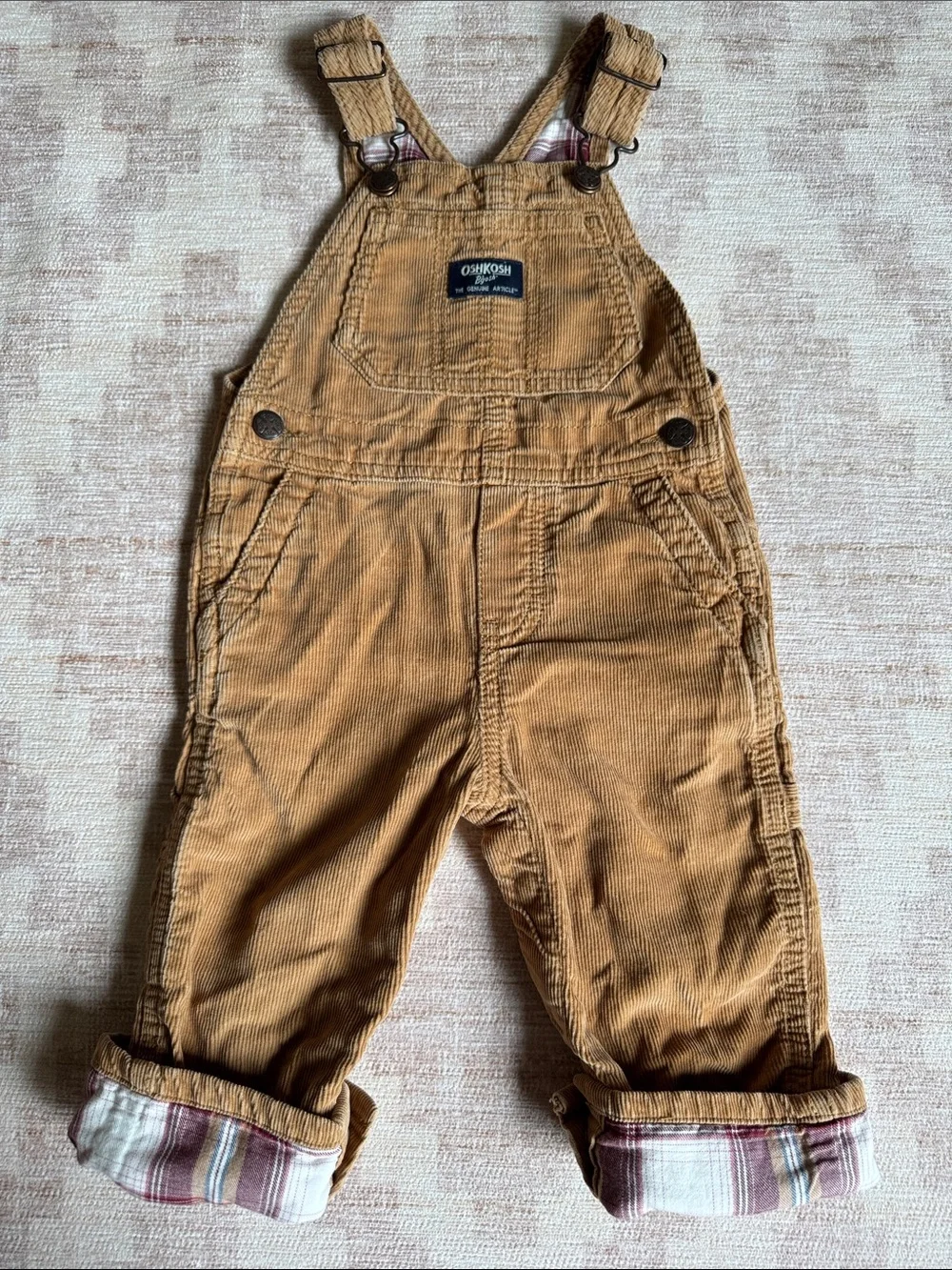 OshKosh B'gosh Toddler Corduroy Overalls in Camel with Plaid Cuffs size 18M
